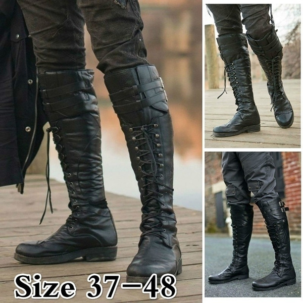 Knee High Men S Boots Lace Up Medieval Leather Boots Cosplay