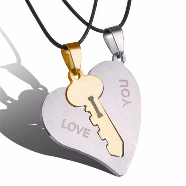 "I Love You" Titanium Stainless Steel Couple Heart Pendants Chain Necklace
