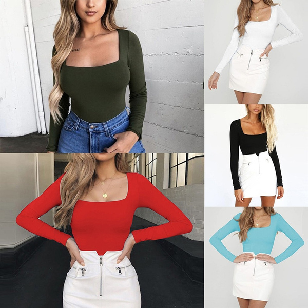 Fashion Womens Long Sleeve T-Shirt Solid Square-Neck Blouse Long Loose Top