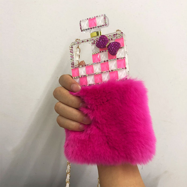 High Quality Perfume Bottle Lanyard Chain Case Diamond Real Rabbit Fur Handbag Case Cover For Iphone 11 Pro 6 6s 7 8 Plus X Xr Xs Max Wish