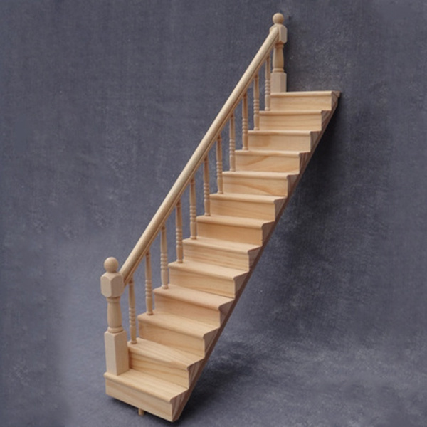 NiceButy 1:12 Dollhouse Pre-Assembled Staircase Wooden Stair Stringer Step with Left Handrail