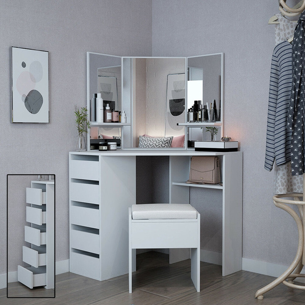 Corner Dressing Table Set In White Makeup Desk Dresser With Mirror