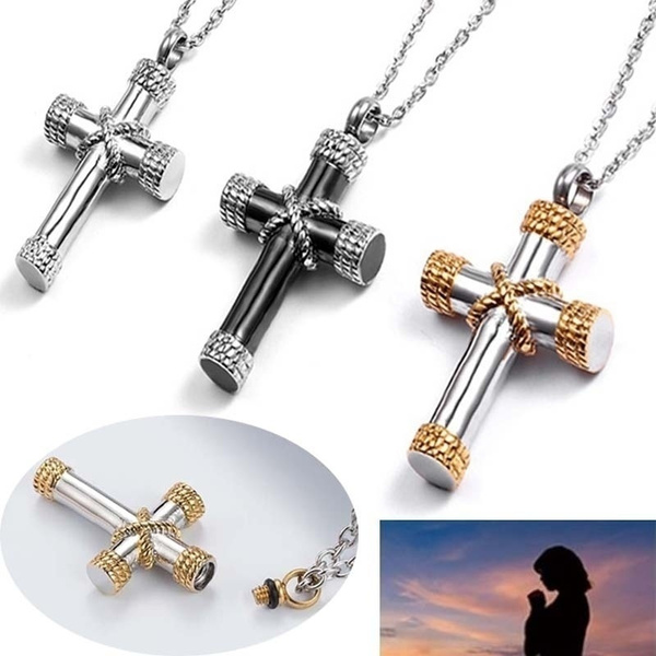Gold Cross Cremation Ashes Urn Pendant Memorial Jewellery Keepsake Necklace