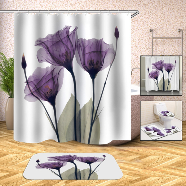 Tulip Shower Curtain Home Bathroom Anti-slip Carpet Rug Toilet Cover Mat Set 1