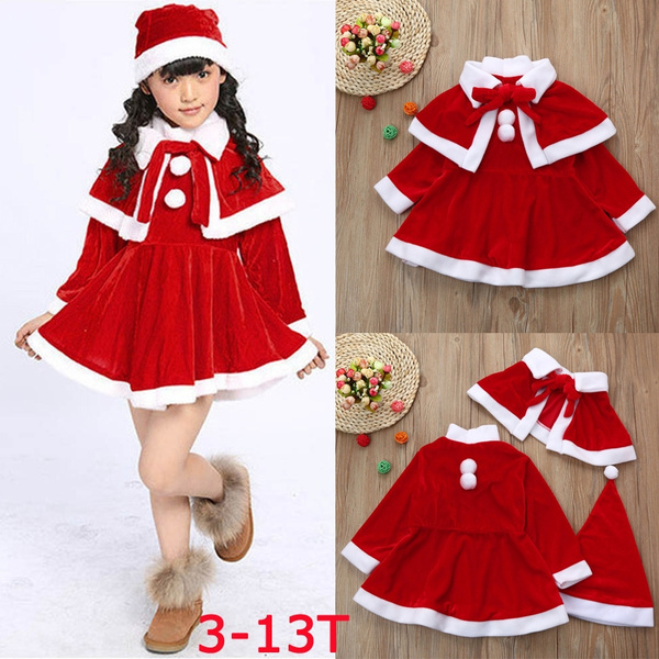 Toddler Kids Baby Girls Christmas Clothes Costume Party Dresses+Shawl+Hat Outfit