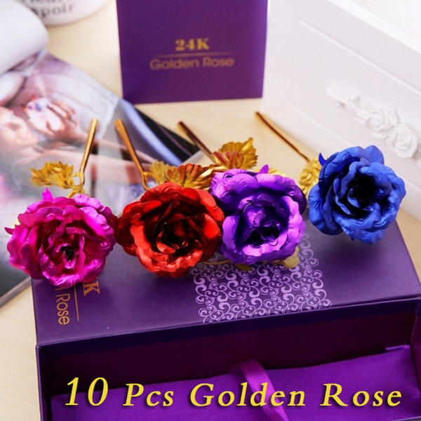 10pcs Plated Rose Flower Valentine/'s Day Birthday Romantic Golden Flowers Gift