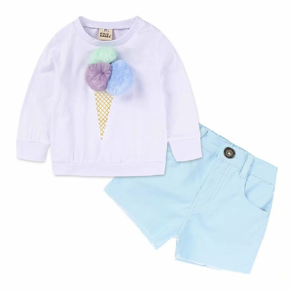 Hooyi Kids Girls Ice Cream Cone Pompom Shirt Cartoon Cute Top
