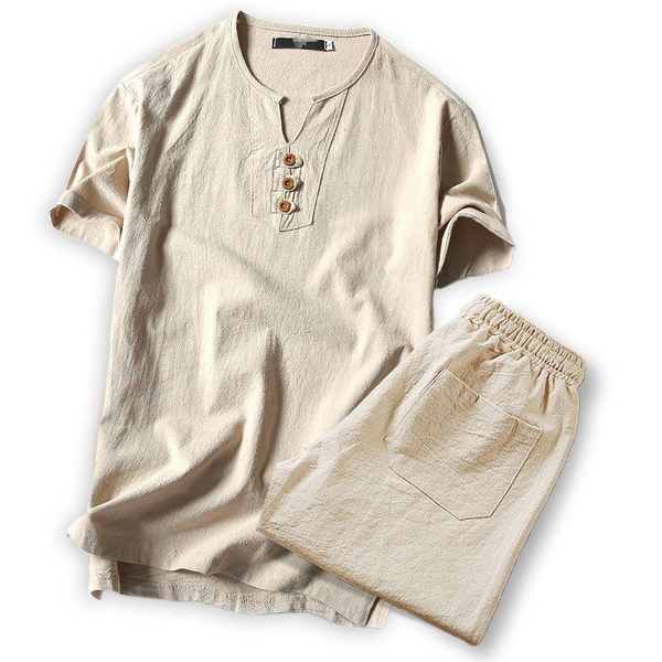 Summer Men's Linen Short Sleeve Tshirt Casual V-neck Loose Two-piece ...