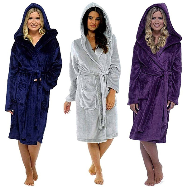 Women Ladies Winter Dressing Gown Hooded Fleece Fluffy Soft Warm ...