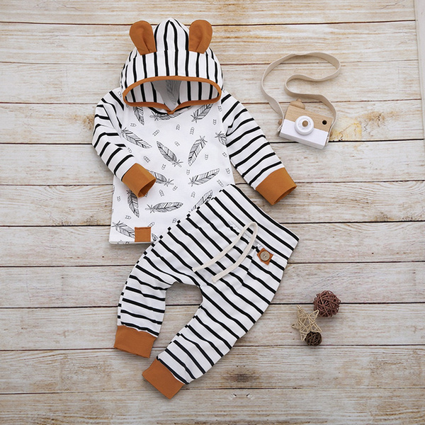 Newborn Baby Boy Girl Feather T shirt Tops Striped Pants Clothes Outfits Set