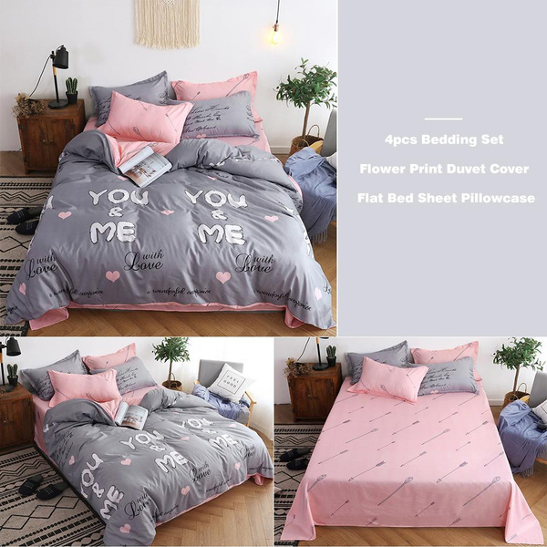 4pcs Simple Printing Duvet Cover Bed Sheet Pillowcase Soft Cotton