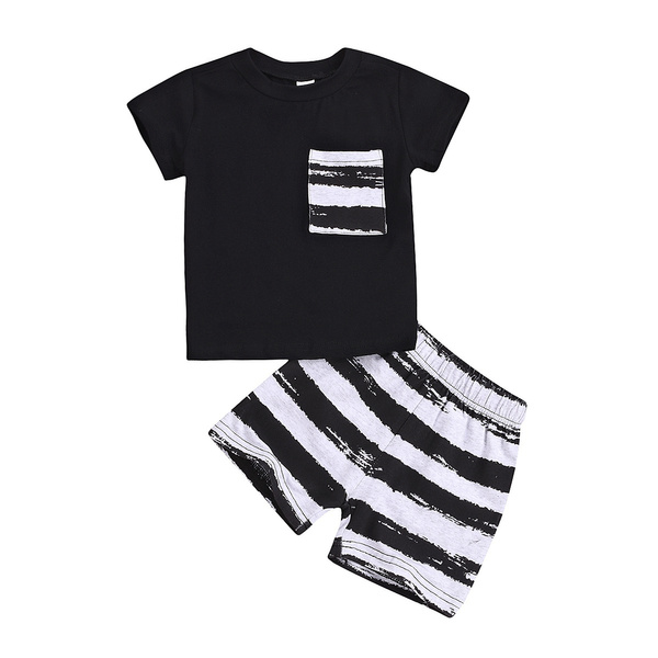 Baby Boy Clothes Solid Color Short Sleeve T-Shirt Tops Stripe Shorts Pants Summer Outfit