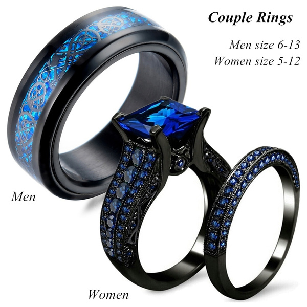Charm Couple Ring Men's 8MM Tungsten Steel Ring and Women's 10kt Black ...