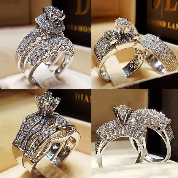 2PCs//Set New Women Charm Engagement Band Ring Crystal Jewelry Wedding