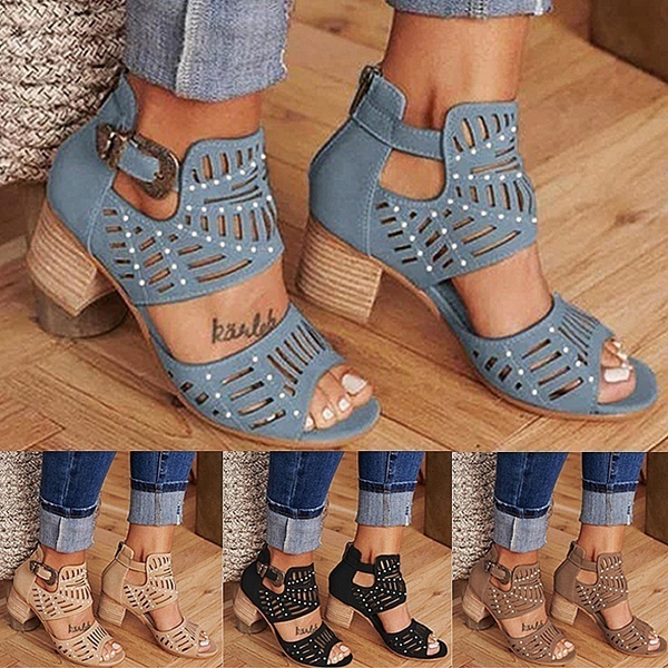 ladies fashion casual low heel hollow buckle sandals shoes